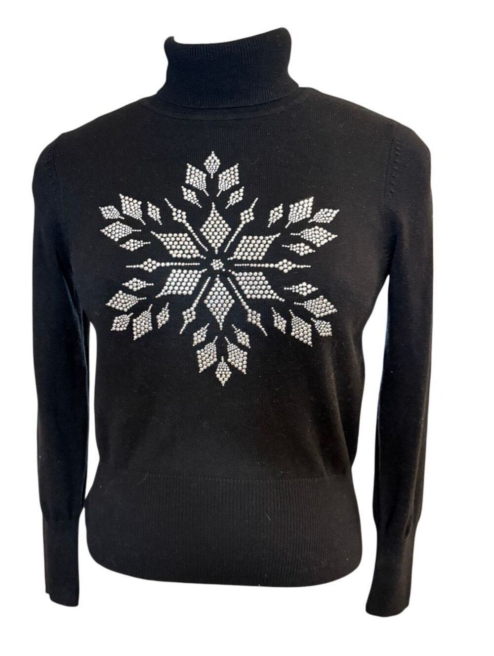 Laura Scott Black Turtleneck Sweater Rhinestone Snowflake Sz. Small Holidays Win